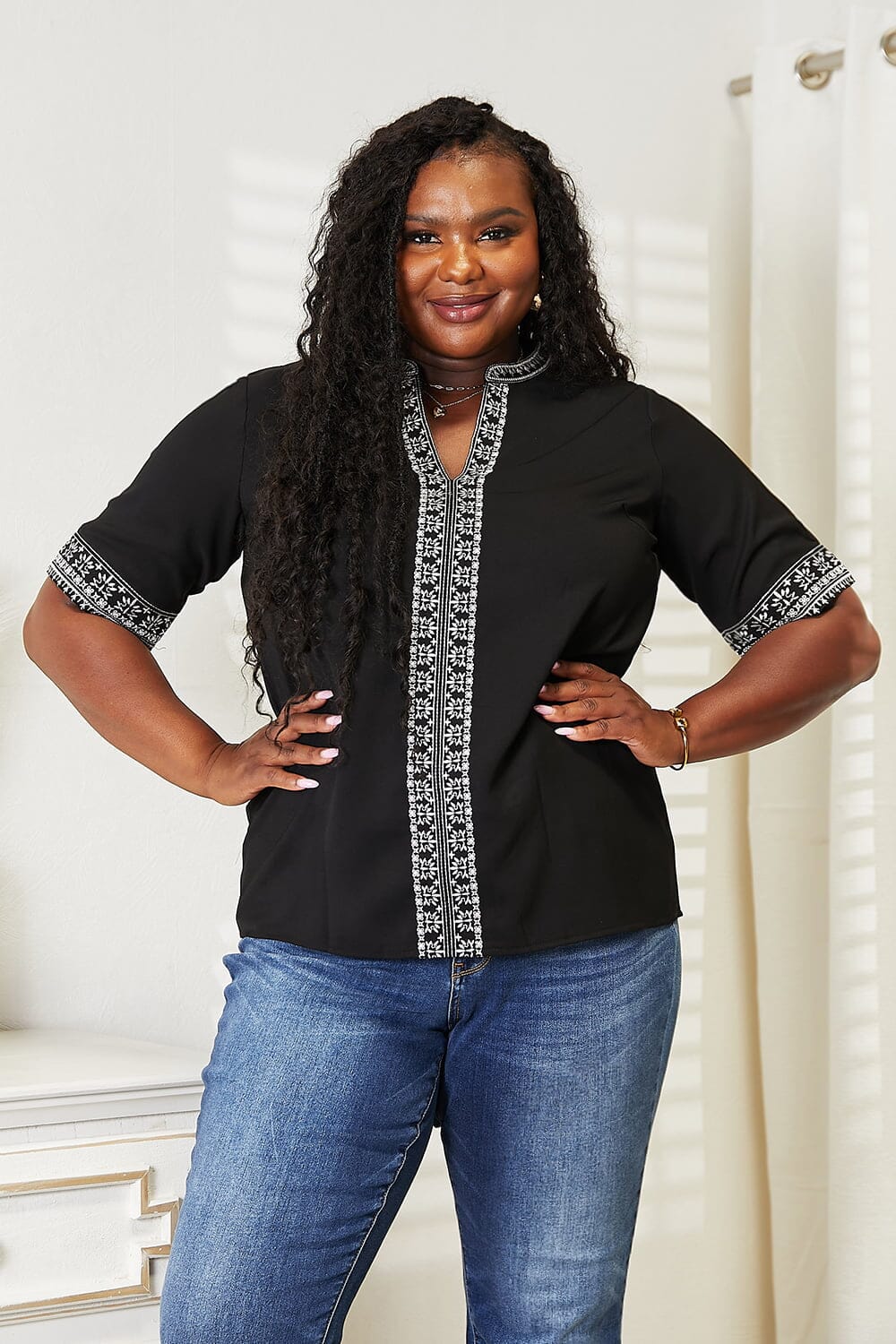 Double Take Black Embroidered Notched Neck Top Shirts & Tops jehouze 