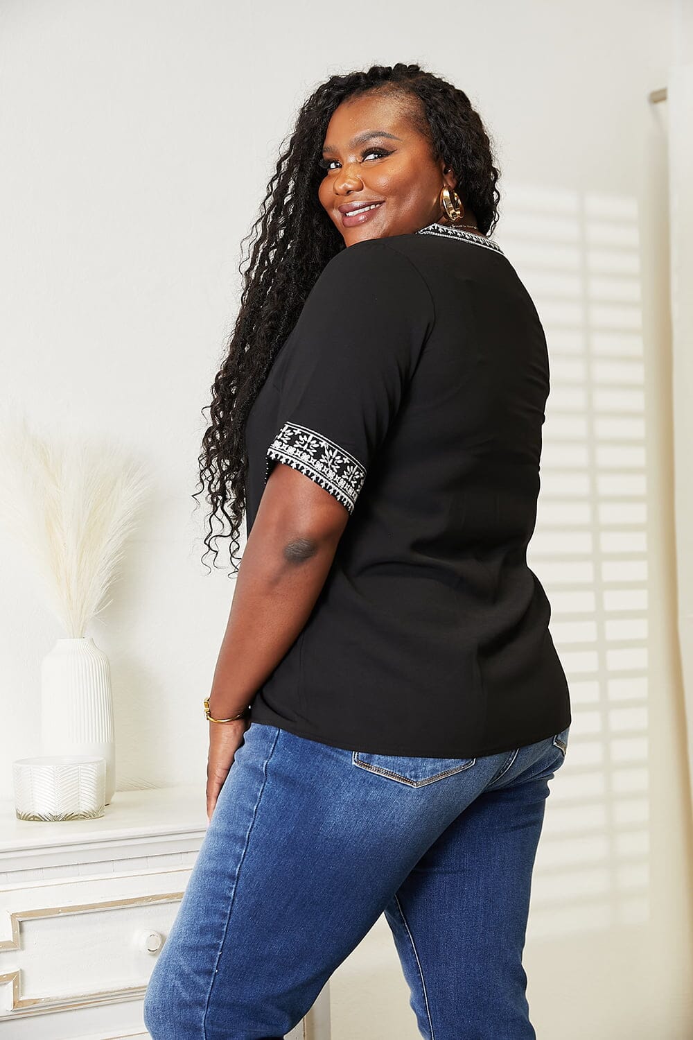 Double Take Black Embroidered Notched Neck Top Shirts & Tops jehouze 