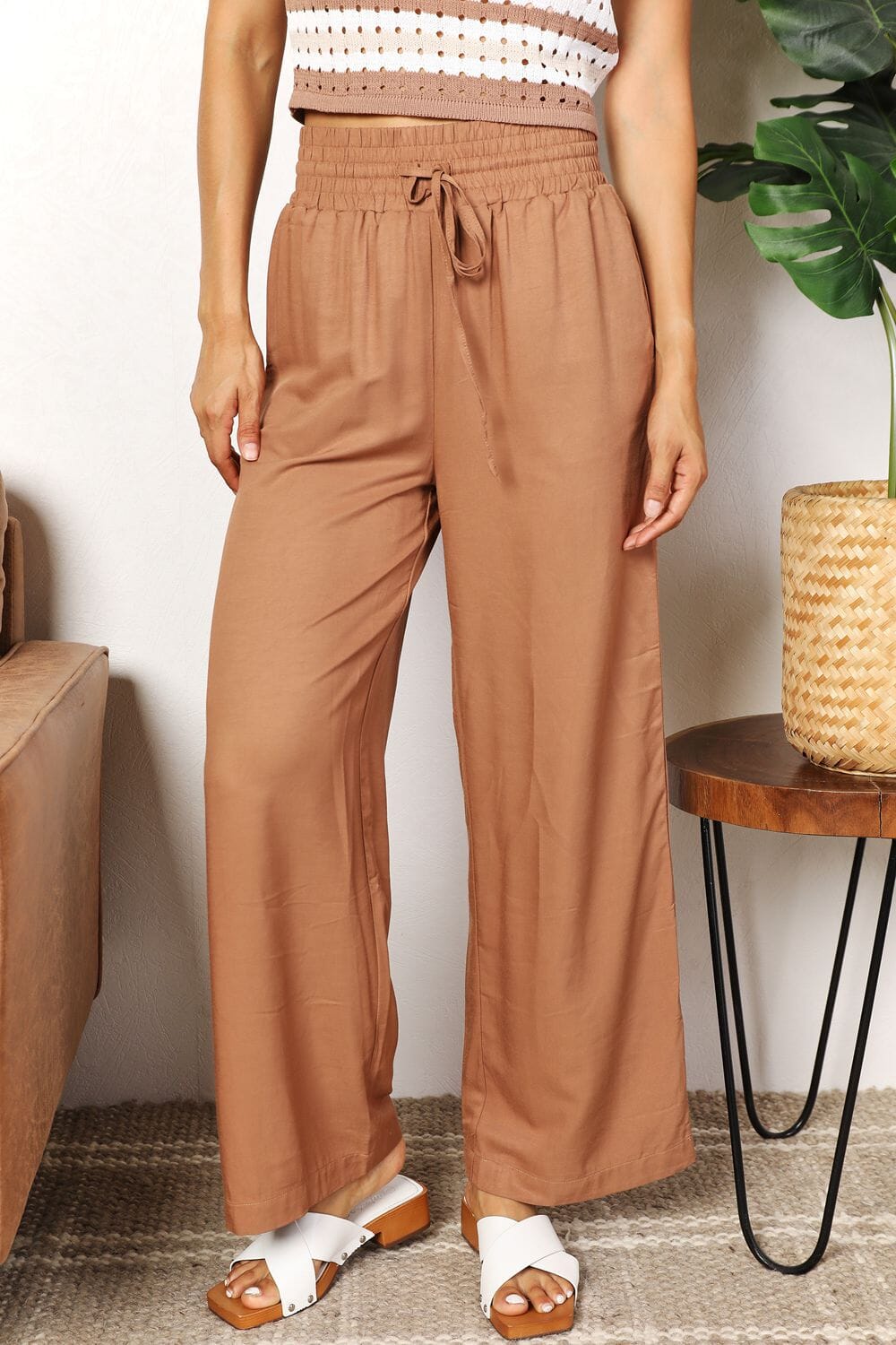 Double Take Drawstring Smocked Waist Long Wide Leg Pants Pants jehouze Camel S 