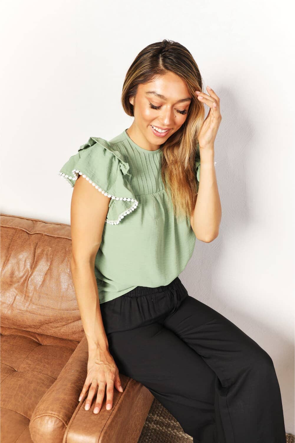 Double Take Green Gum Leaf Pleated Short Flutter Sleeve Round Neck Blouse Shirts & Tops jehouze 