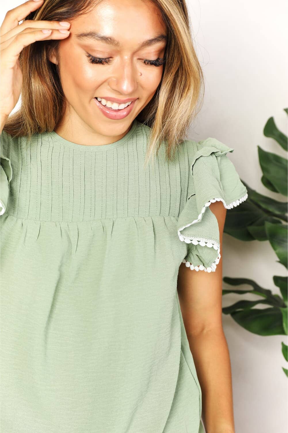 Double Take Green Gum Leaf Pleated Short Flutter Sleeve Round Neck Blouse Shirts & Tops jehouze 