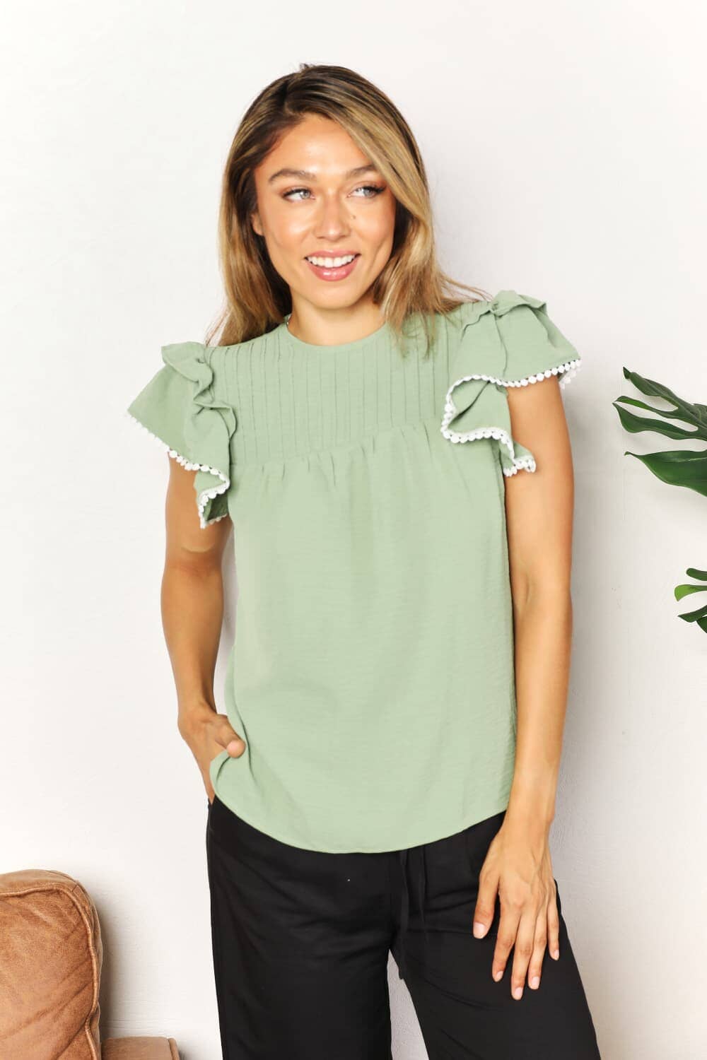 Double Take Green Gum Leaf Pleated Short Flutter Sleeve Round Neck Blouse Shirts & Tops jehouze Gum Leaf S 