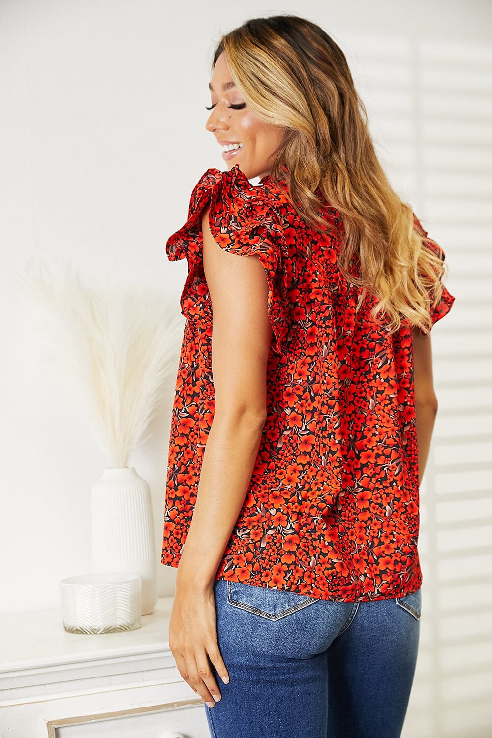 Double Take Red Orange Floral Ruffle Flutter Sleeve Notched Neck Blouse Top Shirts & Tops jehouze 