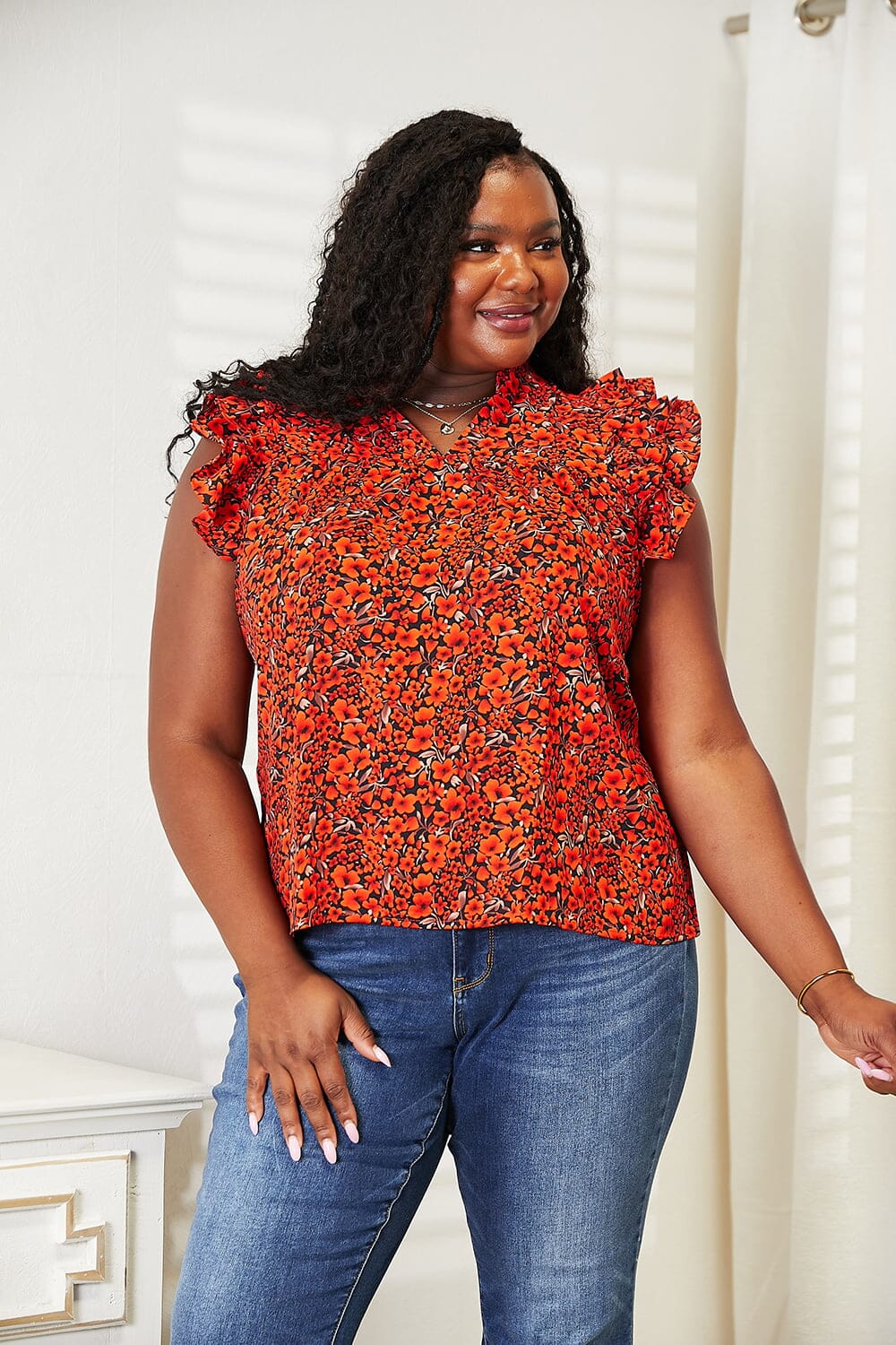 Double Take Red Orange Floral Ruffle Flutter Sleeve Notched Neck Blouse Top Shirts & Tops jehouze 