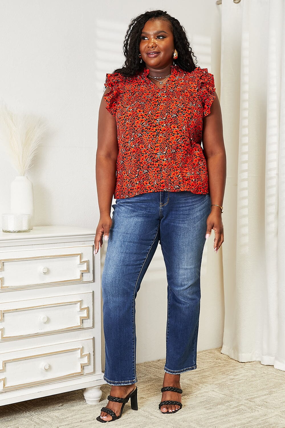 Double Take Red Orange Floral Ruffle Flutter Sleeve Notched Neck Blouse Top Shirts & Tops jehouze 