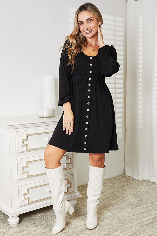 Double Take Scoop Neck Empire Waist Long Sleeve Magic Dress Dresses jehouze Black S 