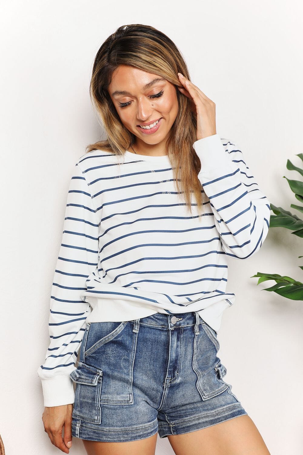 Double Take Striped Round Neck Long Sleeve Round Neck Top Shirts & Tops jehouze 