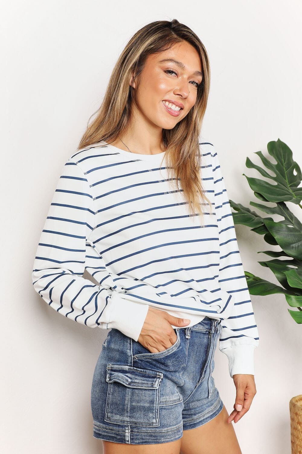 Double Take Striped Round Neck Long Sleeve Round Neck Top Shirts & Tops jehouze 