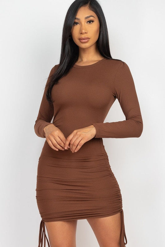 Downtown Brown Ribbed long sleeve drawstring bodycon Mini dress jehouze 