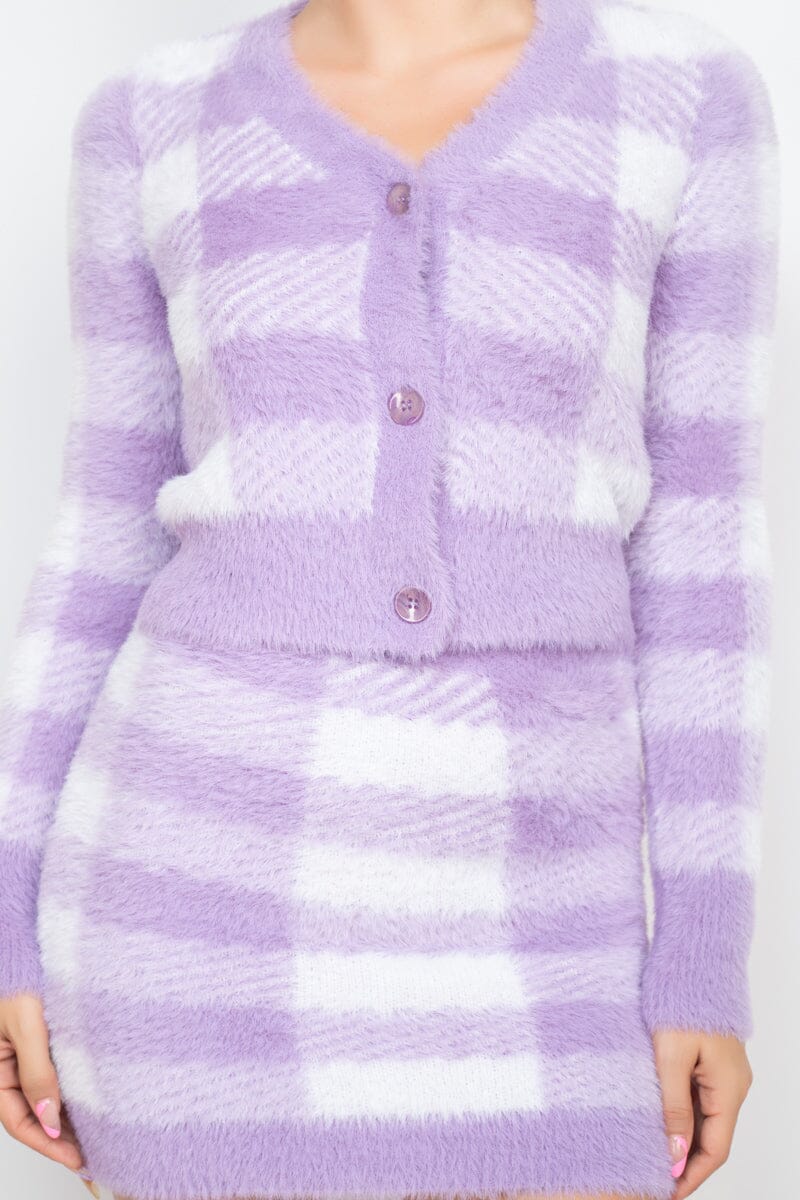 Dusty Lavender Purple Plaid Front Button Long Sleeve V Neck Crop Sweater Cardigan Top Coats & Jackets jehouze 