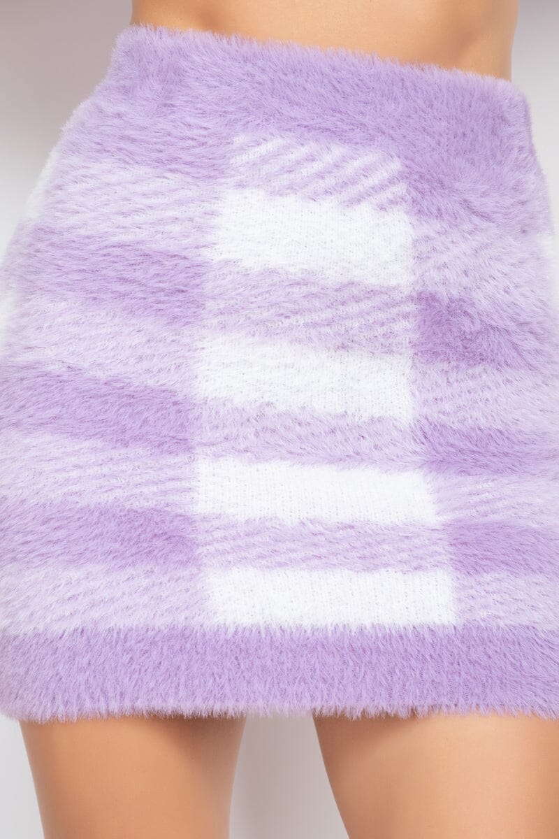 Dusty Lavender Purple Plaid Fuzzy knit High Waist Bodycon Pencil Mini Skirt Skirts jehouze 