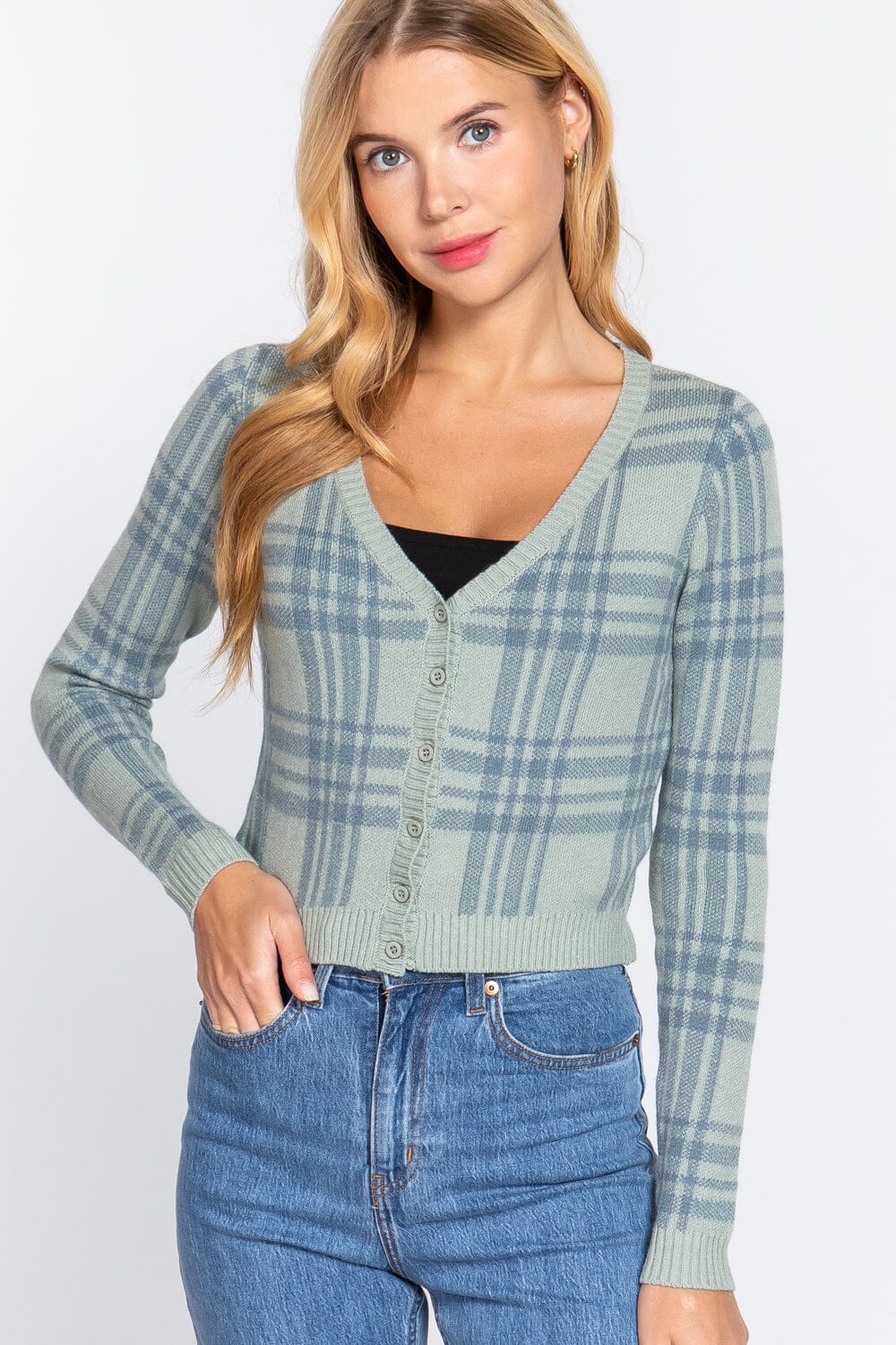 Dusty Sage Green Long Sleeve V neck Fitted Button Down Plaid Sweater Cardigan jehouze 