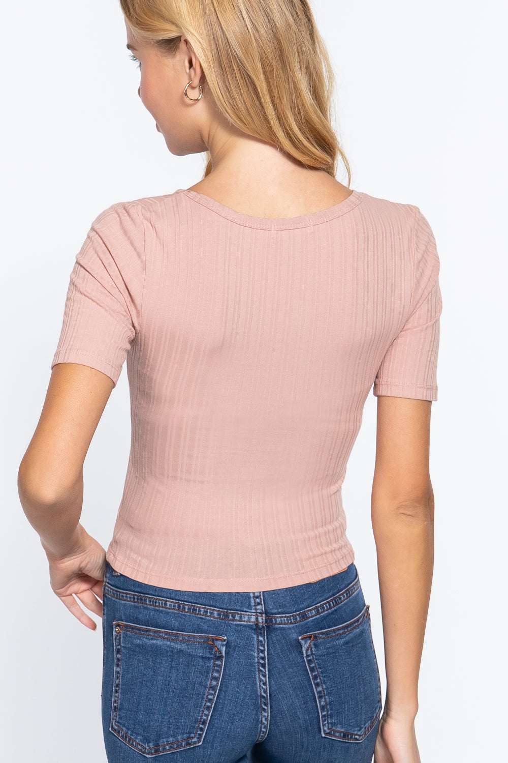 Elbow Sleeve Rib Knit Pink Cardigan Shirts & Tops jehouze 