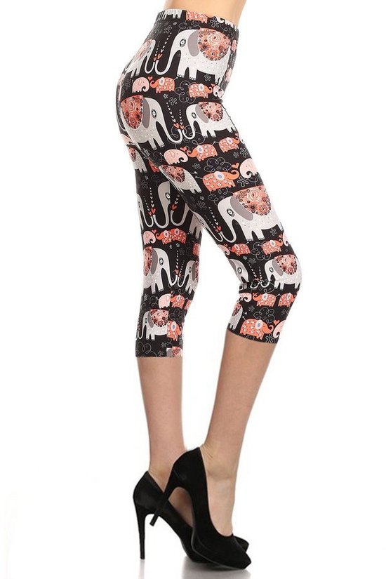 Elephants Printed, High Waisted Capri Leggings In A Fitted Style With An Elastic Waistband Bottoms jehouze 