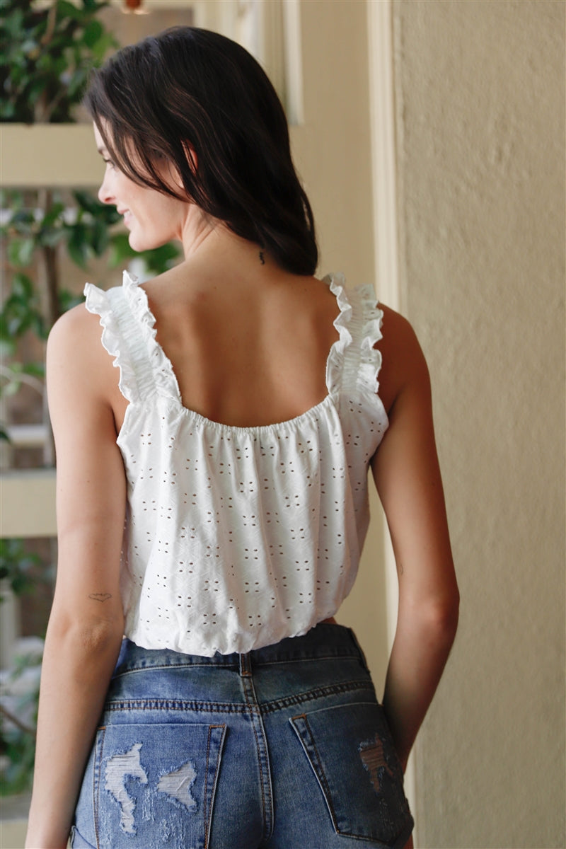 Embroidered Ruffle Trim Strap Sleeveless White Crop Top Shirts & Tops jehouze 