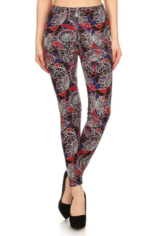 Floral Print High Waist Basic Solid Leggings With 1 Elastic Waistband Bottoms jehouze 