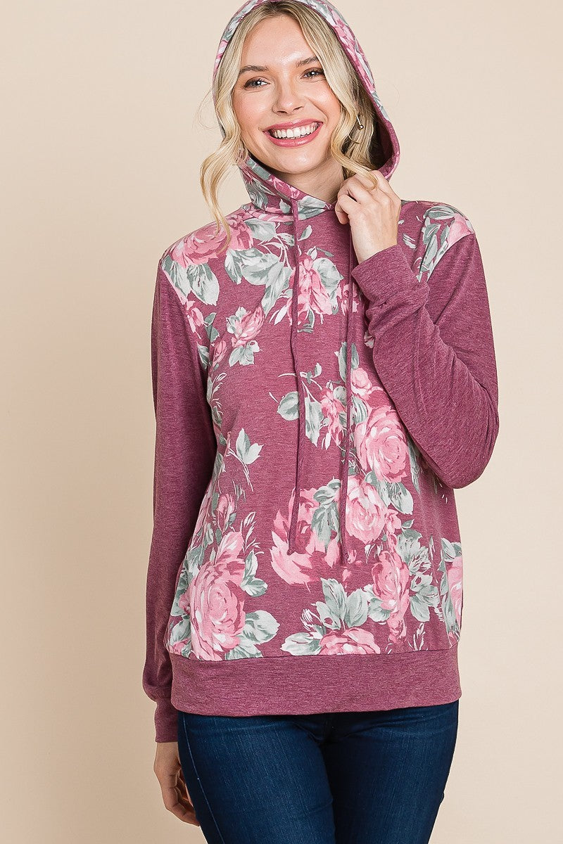 Floral Printed Contrast Hoodie With Relaxed Fit And Cuff Detail Shirts & Tops jehouze 