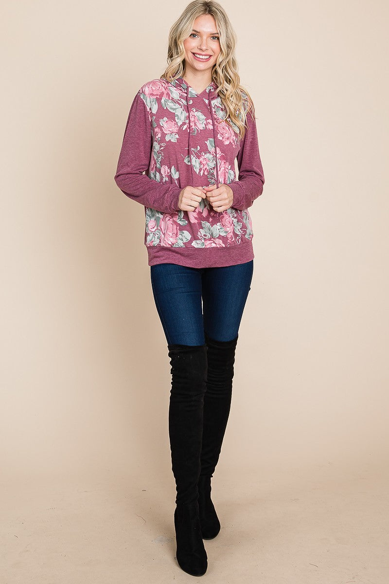 Floral Printed Contrast Hoodie With Relaxed Fit And Cuff Detail Shirts & Tops jehouze 