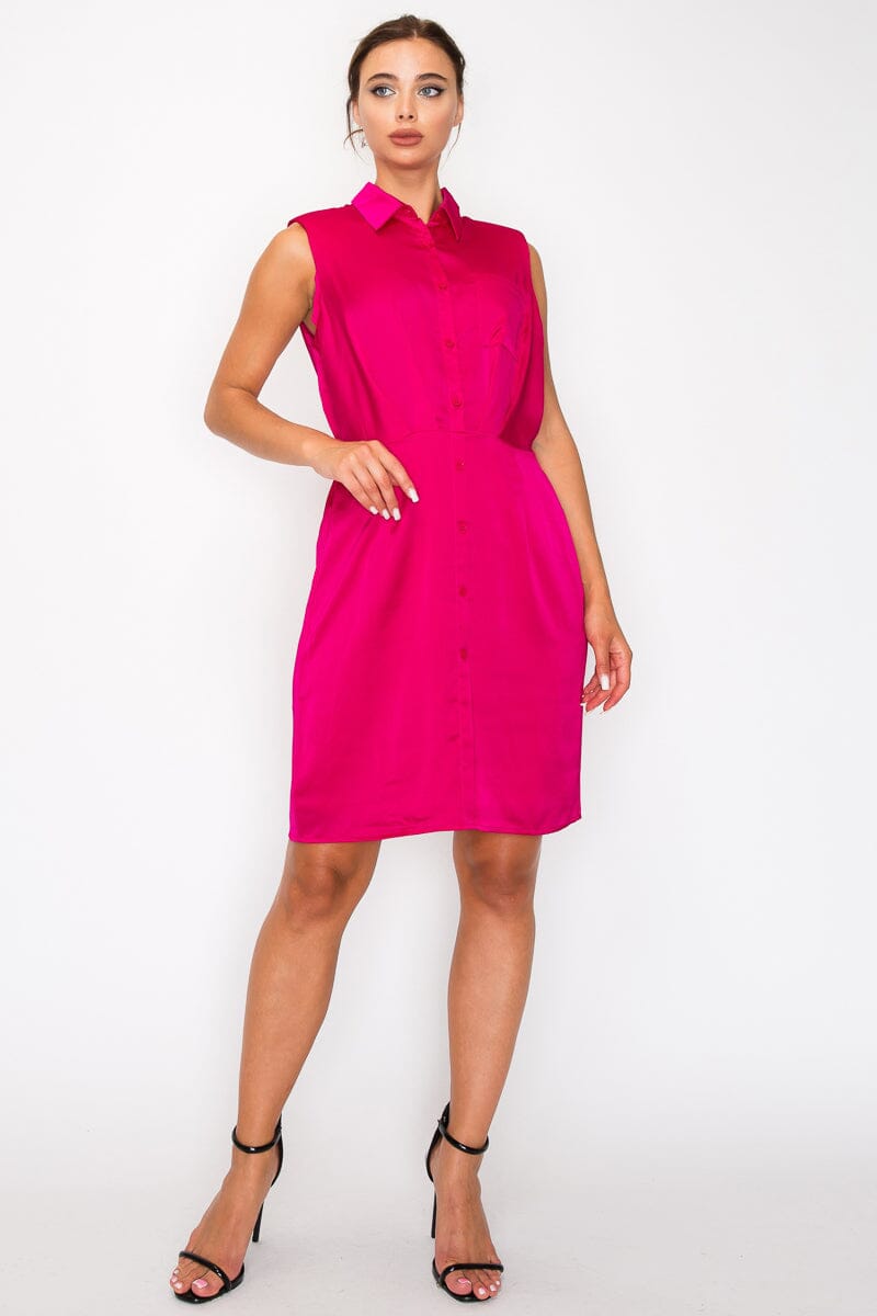 Fuchsia Button down Collared Solid Pleated Shirt Dress Dresses jehouze 