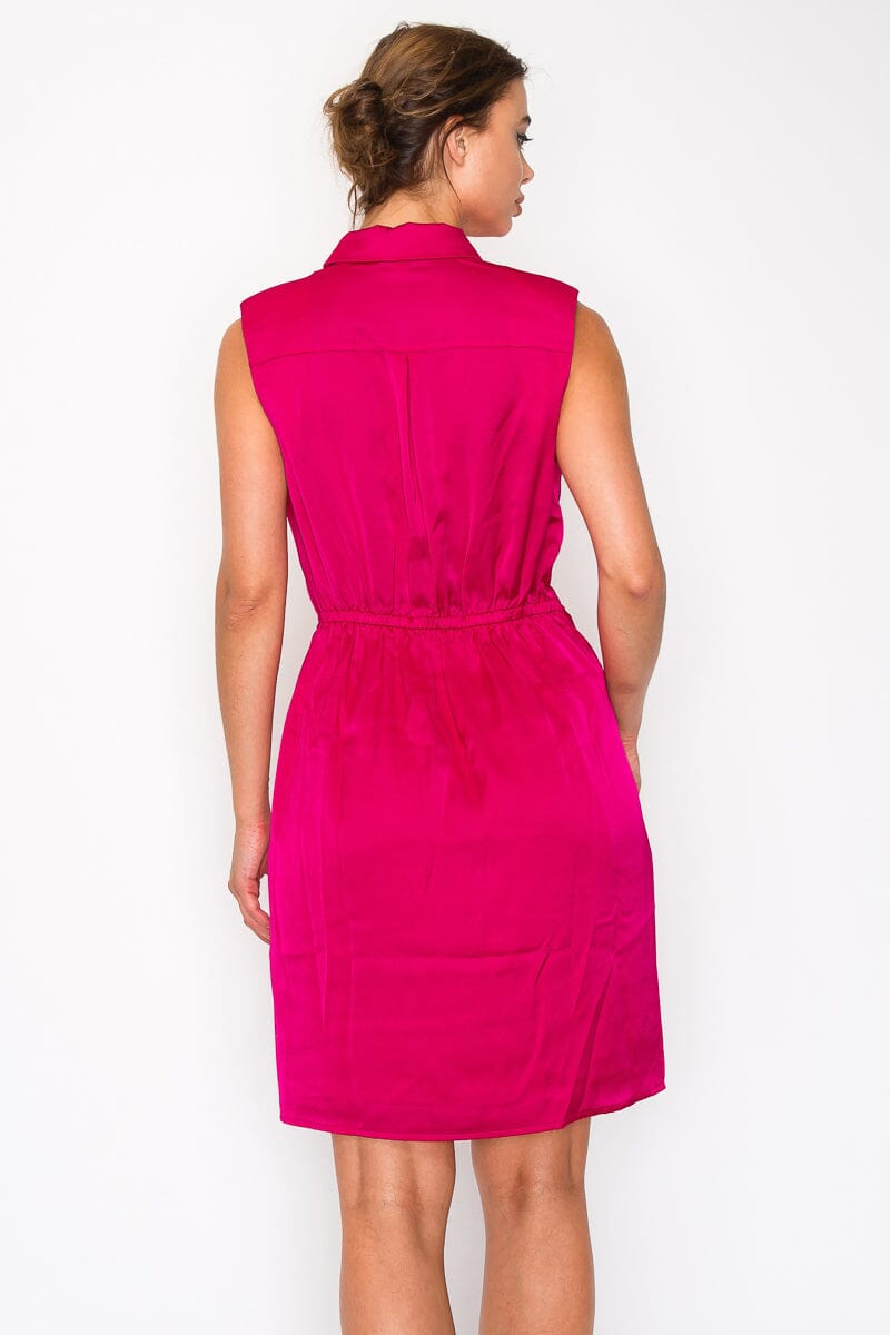 Fuchsia Button down Collared Solid Pleated Shirt Dress Dresses jehouze 