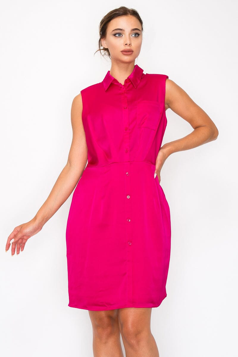 Fuchsia Button down Collared Solid Pleated Shirt Dress Dresses jehouze S 