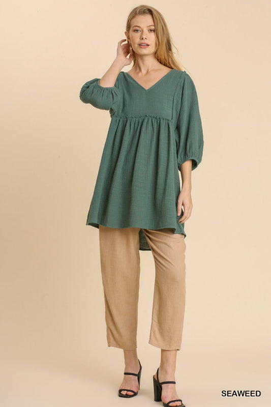 Gauze Slub V-neck Frayed Edge Detail Tunic Dress Shirts & Tops jehouze 