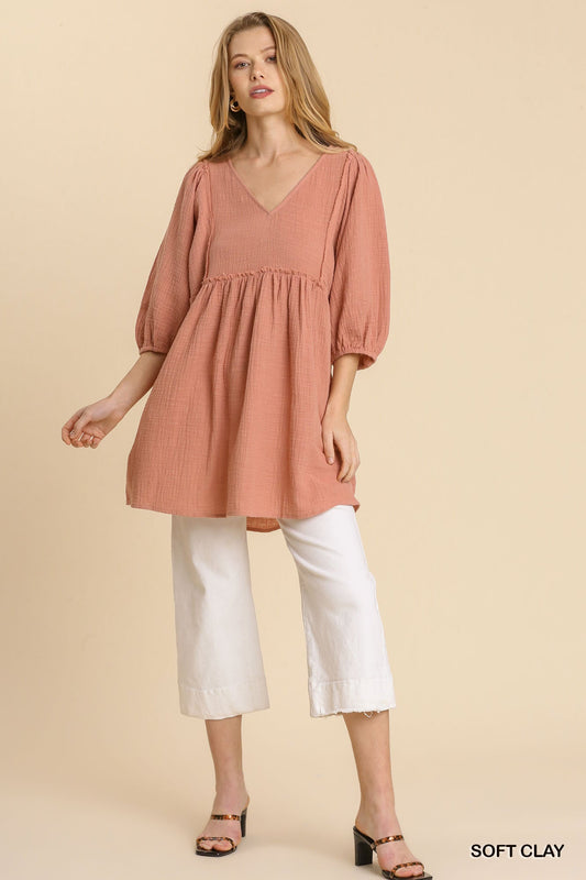 Gauze Slub V-neck Frayed Edge Detail Tunic Dress Shirts & Tops jehouze 