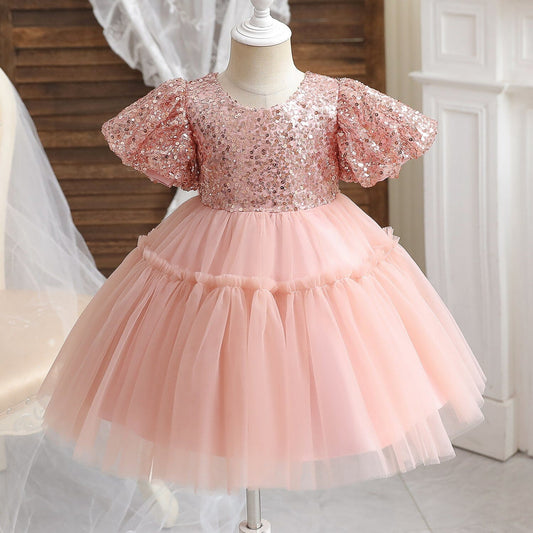 Girls Children Baby Toddler Short Puff Sleeve Sequin Ball Gown Flower Tulle Mesh Dress Baby & Toddler Dresses jehouze 9M 