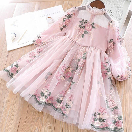 Girls Children toddler Long Sleeve Floral Embroidery Princess Tulle Casual Mesh Dress Baby & Toddler Dresses jehouze pink 3T 