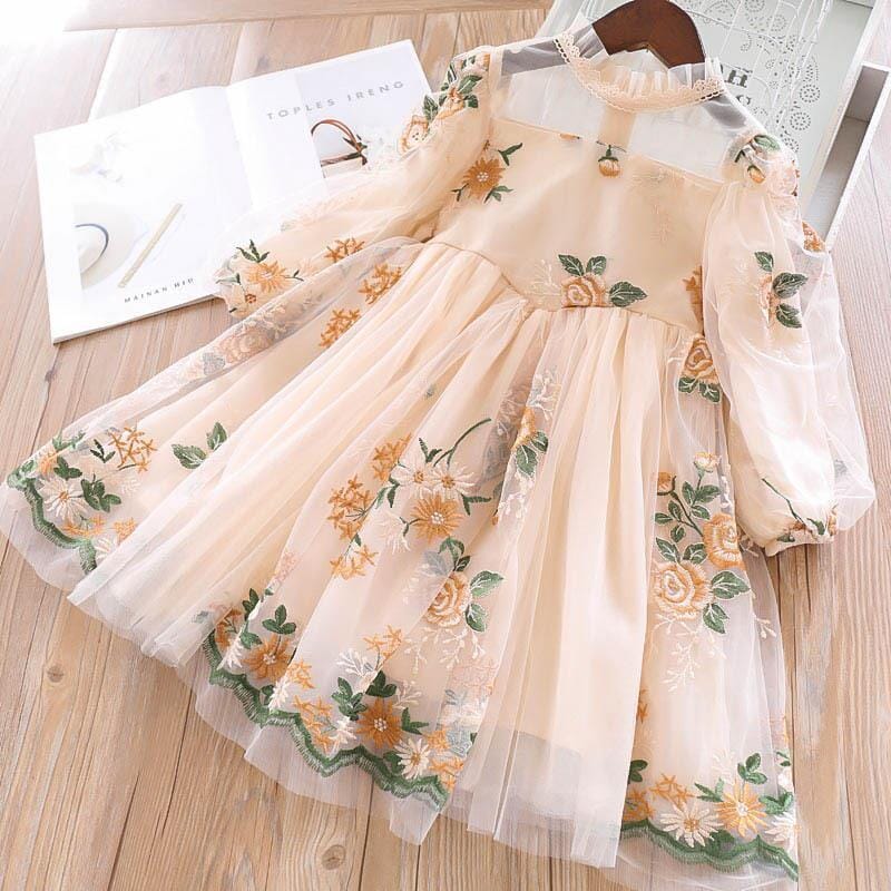 Girls Children toddler Long Sleeve Floral Embroidery Princess Tulle Casual Mesh Dress Baby & Toddler Dresses jehouze yellow 3T 