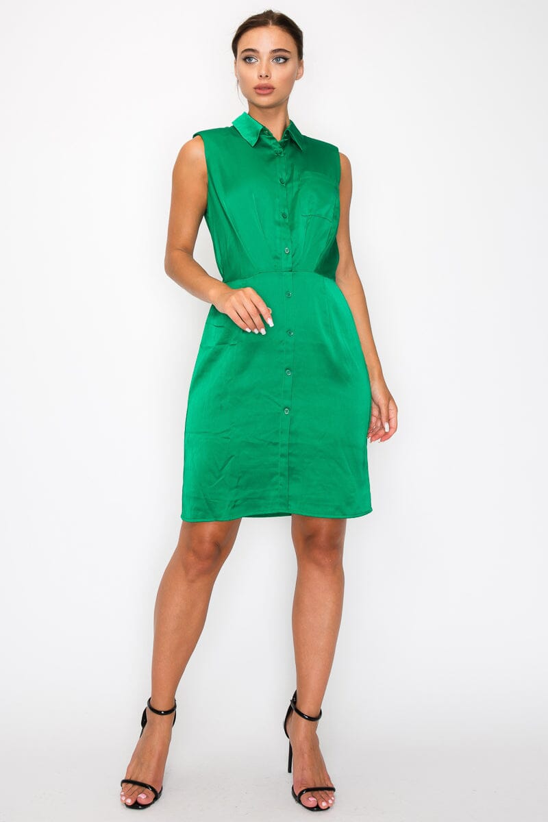 Green Button down Collared Solid Pleated Shirt Dress Dresses jehouze 
