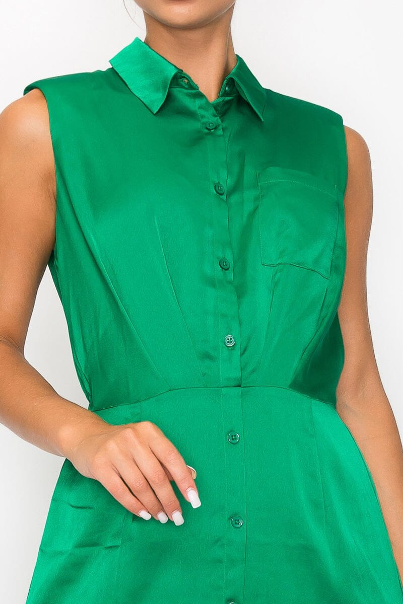 Green Button down Collared Solid Pleated Shirt Dress Dresses jehouze 