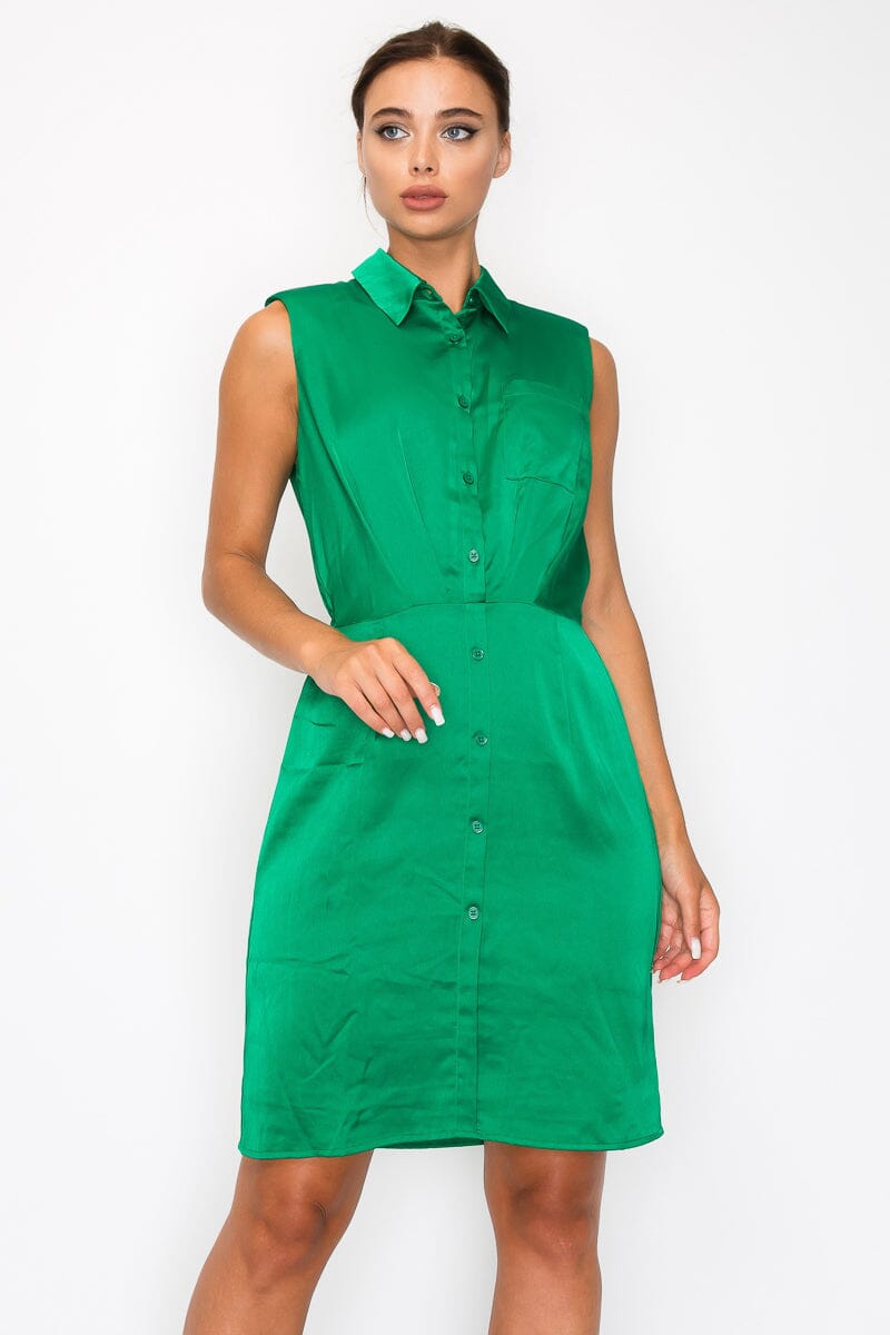 Green Button down Collared Solid Pleated Shirt Dress Dresses jehouze S 