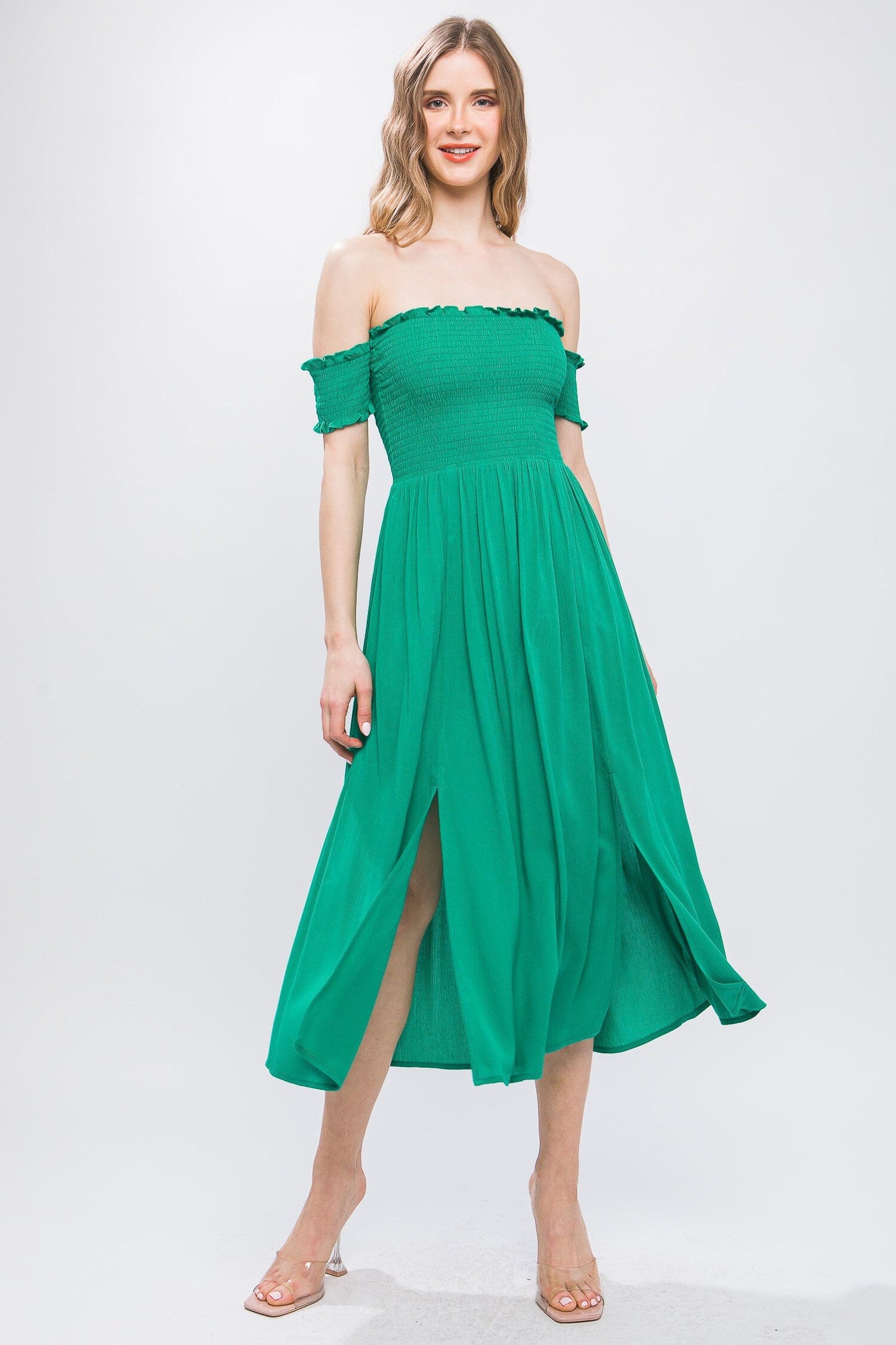 Green Flowy Off The Shoulder Side Slit Midi Dress Dresses jehouze S 