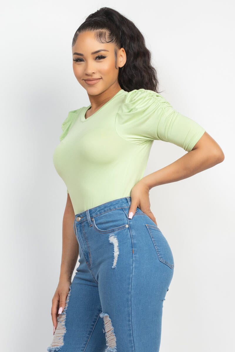 Green Ribbed Knit Round Neck Short Puff Ruched Sleeve Slim Fit Tops Shirts & Tops jehouze 