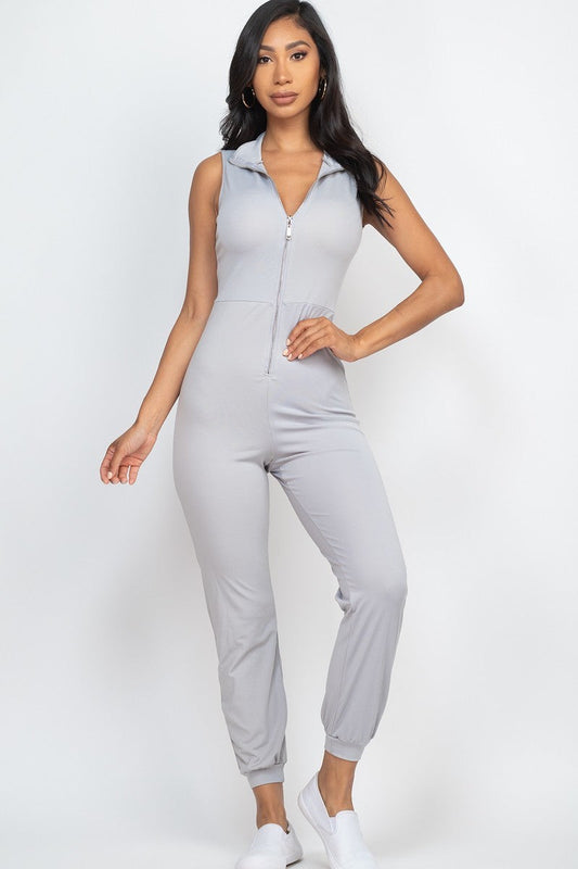 Grey Zip Front Sleeveless Stretchy Jumpsuit Jumpsuits & Rompers jehouze 