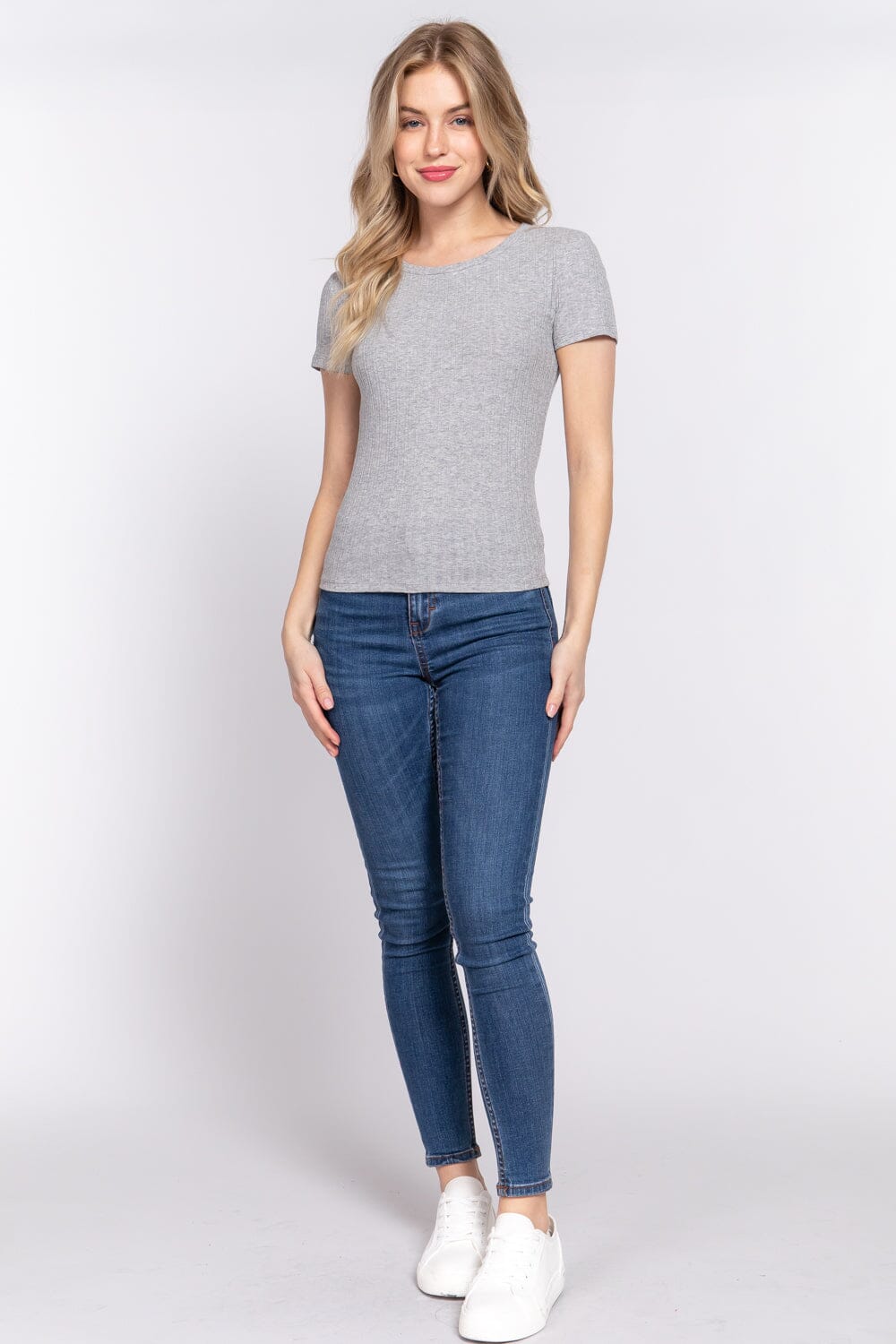 Heather Grey Basic Casual Short Sleeve Crew Neck Variegated Rib Knit Top Shirts & Tops jehouze S 