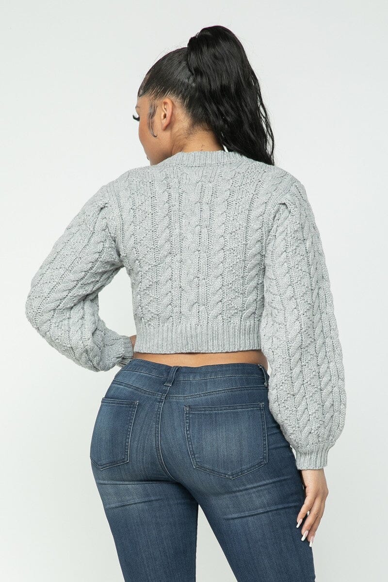 Heather Grey Cropped Long Sleeve Cable Pullover Sweater Top jehouze 