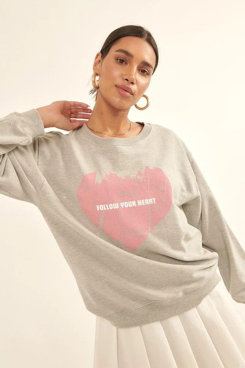 Heather Grey Vintage-style Heart Graphic Print French Terry Knit Sweatshirt Shirts & Tops jehouze 