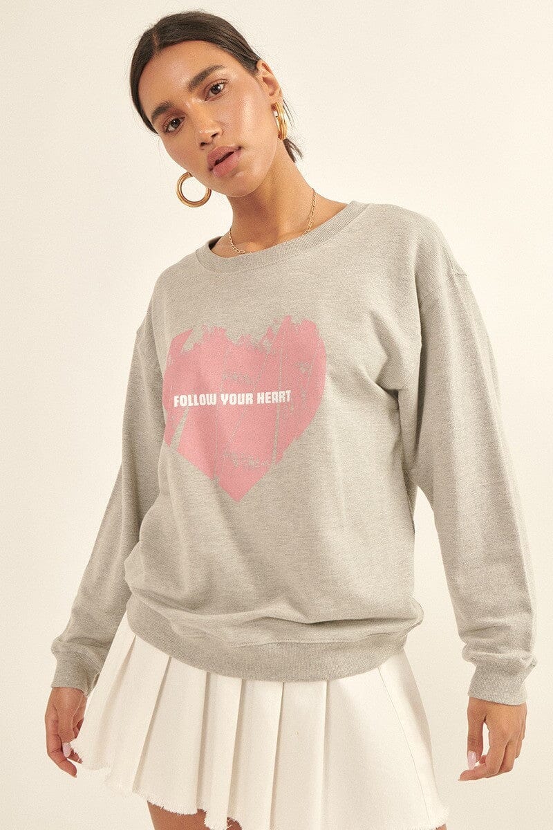 Heather Grey Vintage-style Heart Graphic Print French Terry Knit Sweatshirt Shirts & Tops jehouze 