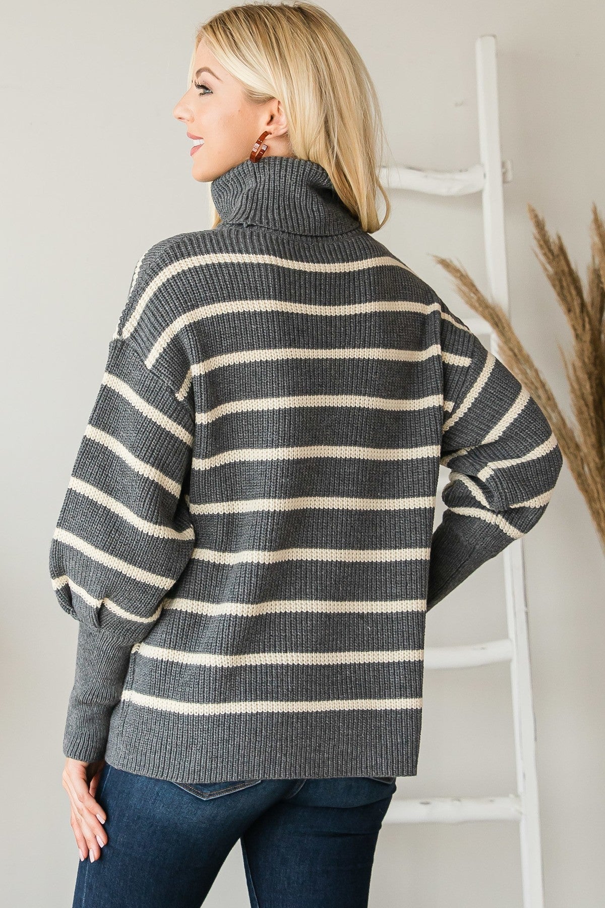 Heavy Knit Striped Turtle Neck Knit Sweater Shirts & Tops jehouze 