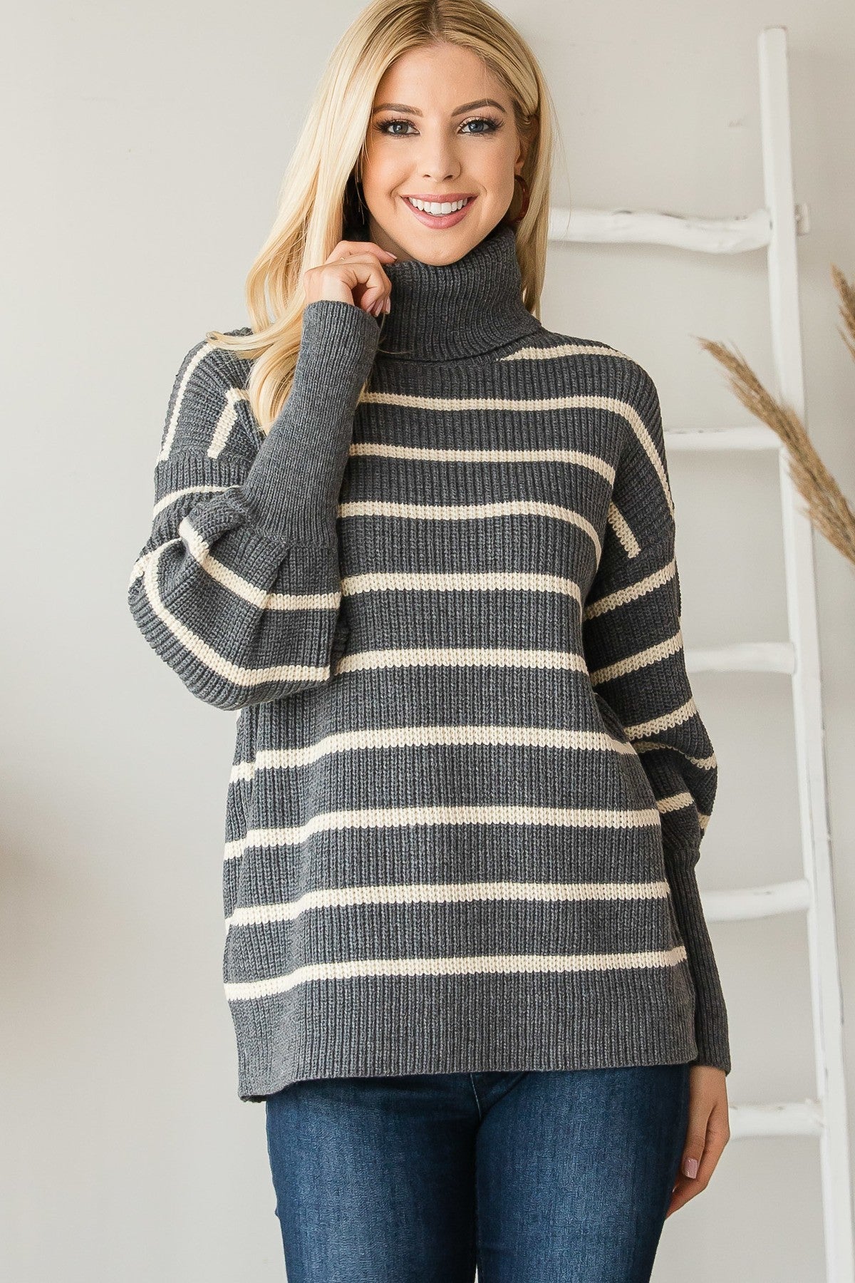 Heavy Knit Striped Turtle Neck Knit Sweater Shirts & Tops jehouze 