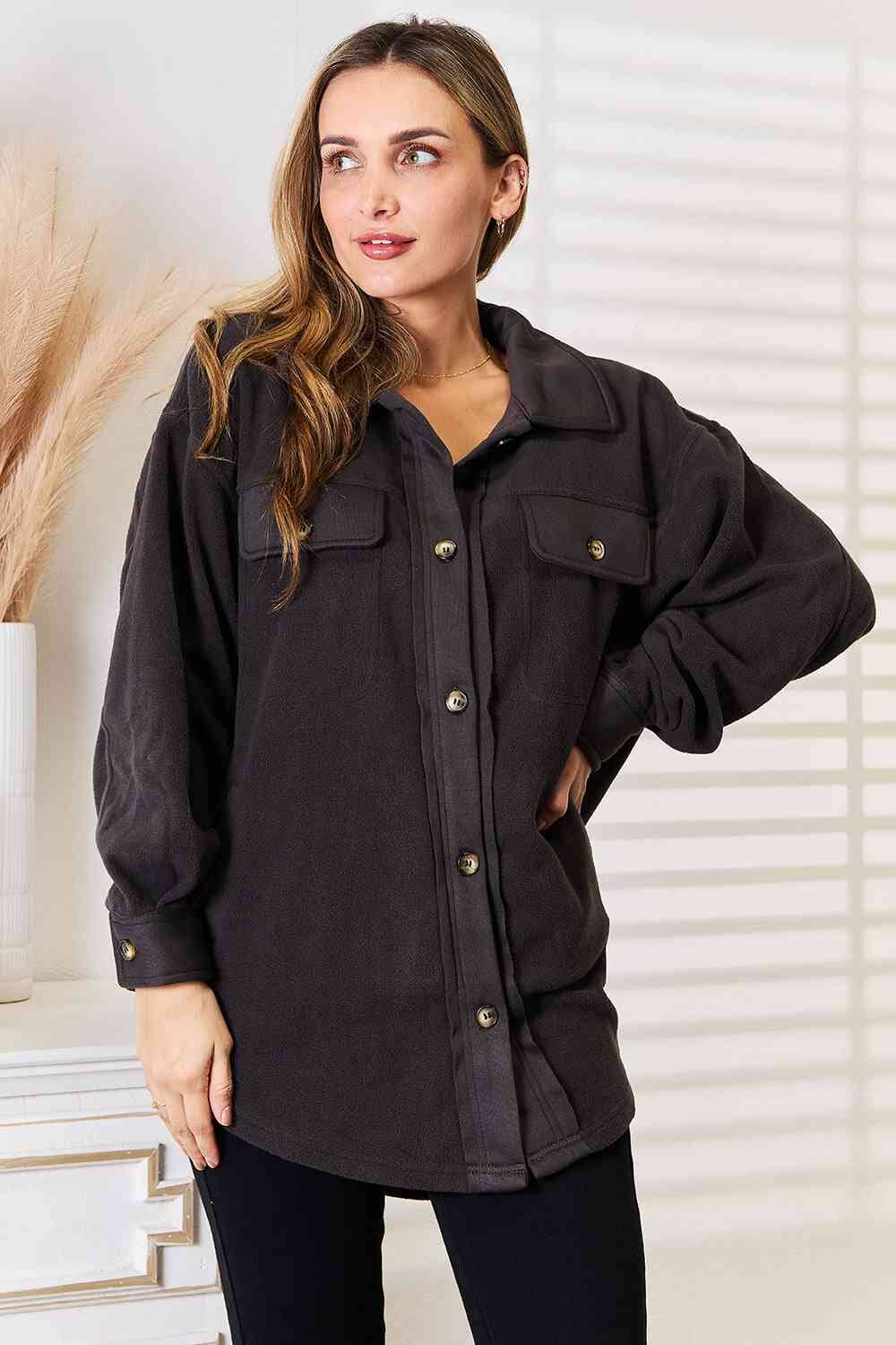 Heimish Charcoal Black Long Sleeve Button Down Shacket Coats & Jackets jehouze 