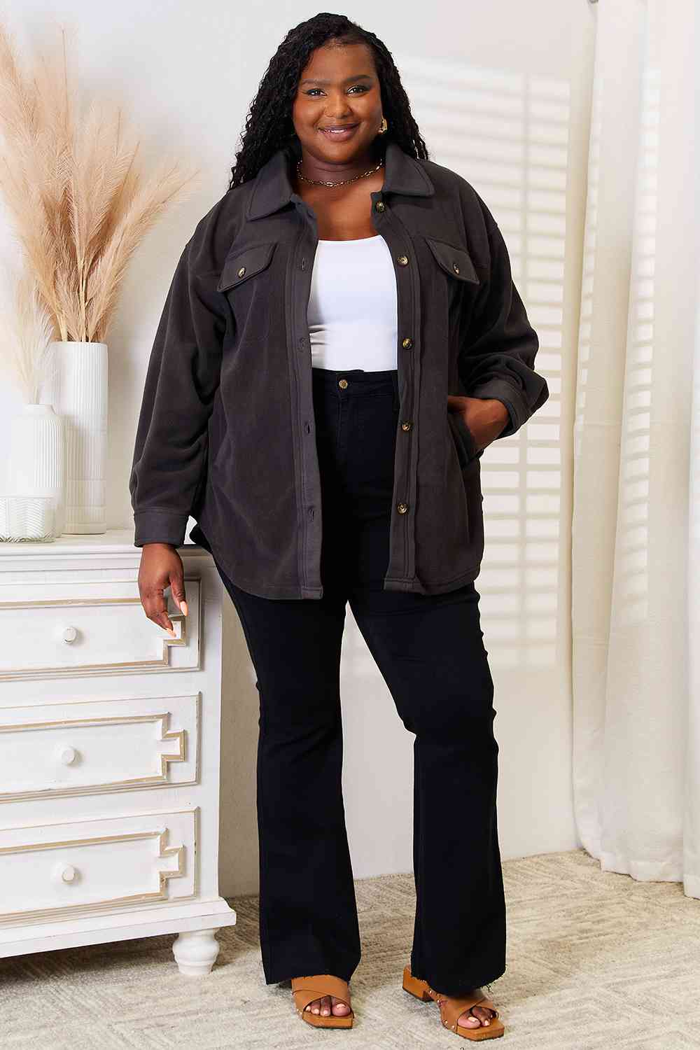 Heimish Charcoal Black Long Sleeve Button Down Shacket Coats & Jackets jehouze 