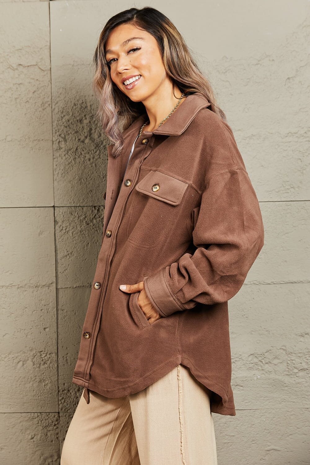 Heimish Coffee Brown Collared Neck Long Sleeves Button Down Shacket Coats & Jackets jehouze 