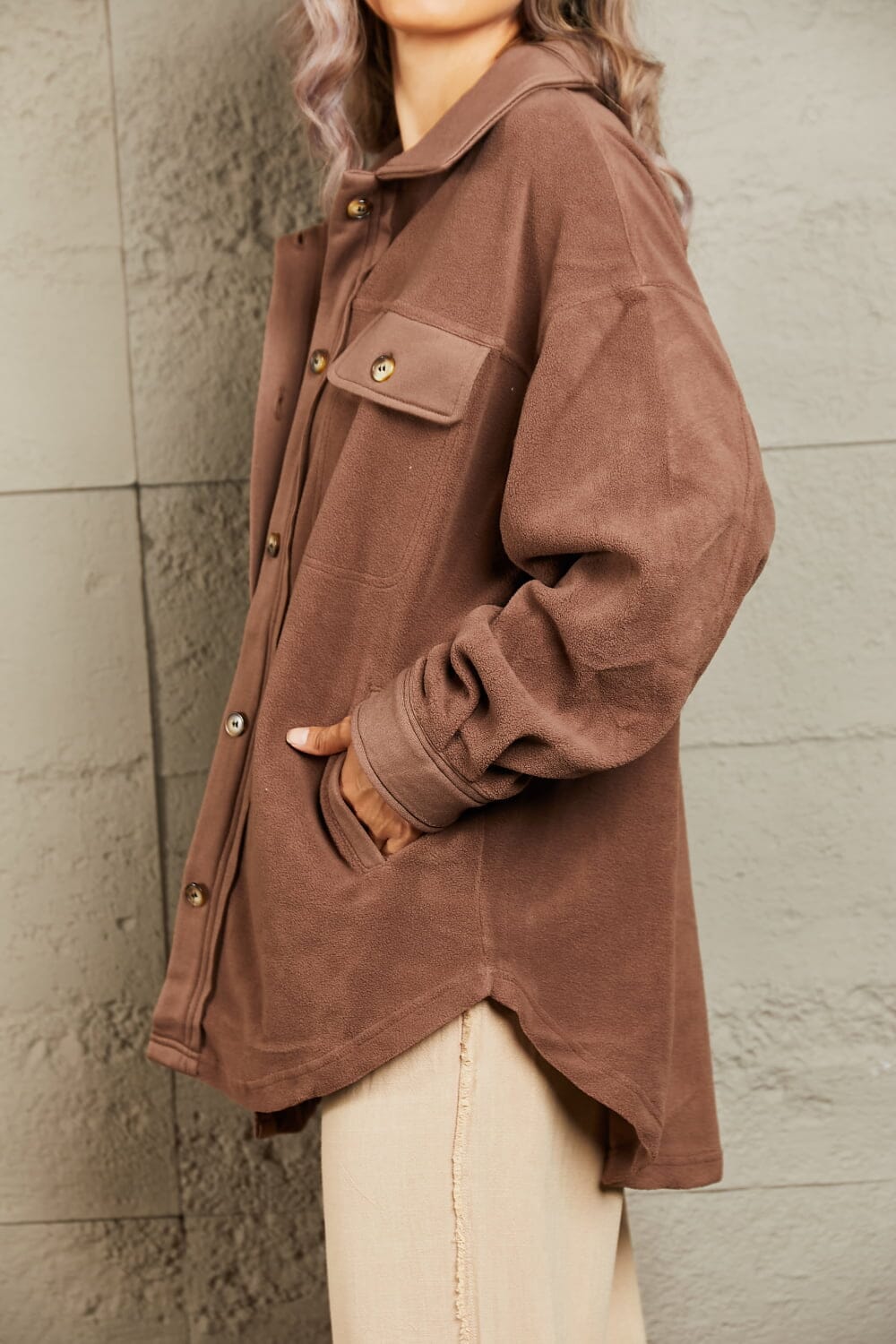 Heimish Coffee Brown Collared Neck Long Sleeves Button Down Shacket Coats & Jackets jehouze 