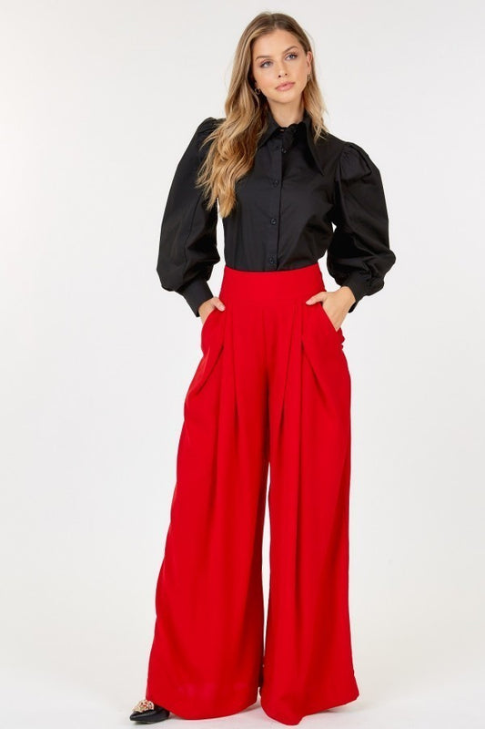 High Waist Wide Leg Red Casual Loose Fit Palazzo Long Pants with Pocket Bottoms jehouze 