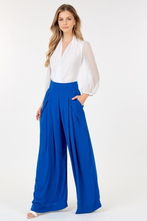 High Waist Wide Leg Royal Blue Casual Loose Fit Palazzo Long Pants with Pocket Bottoms jehouze 