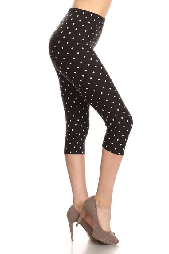High Waisted Capri Leggings With An Elastic Band In A White Polka Dot Print Over A Black Background Bottoms jehouze 