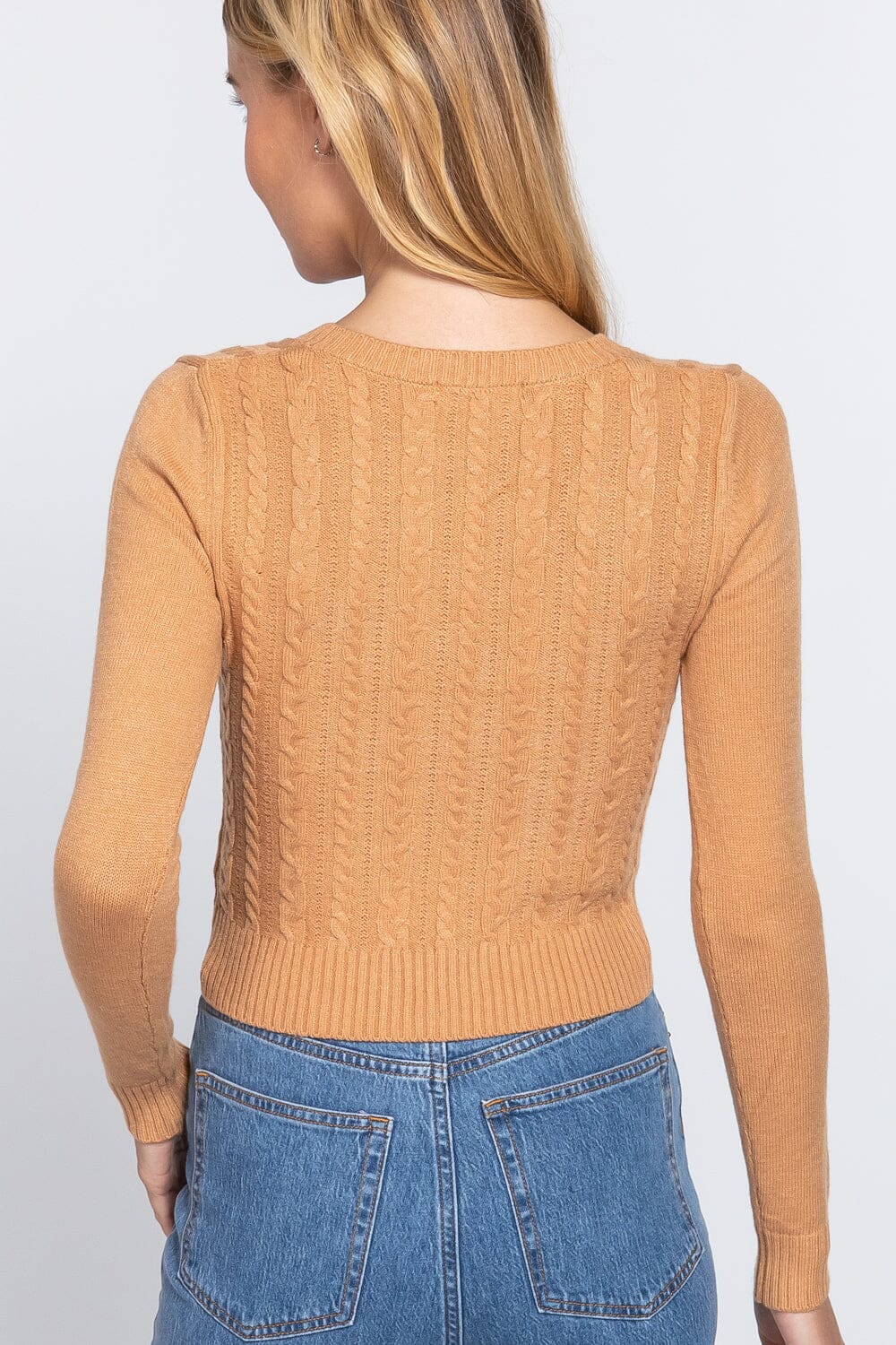 HoneyComb Yellow Long Sleeve V-neck Cable Crop Sweater Shirts & Tops jehouze 